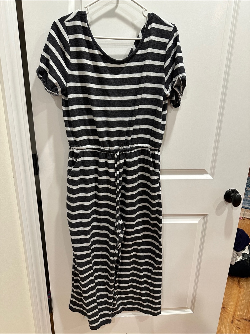 Old Navy Black & White Striped Short-Sleeve Jumpsuit